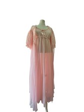 vintage peignoir set nightgown robe lingerie nightie pink Sz M Nylon Lace Midi