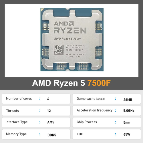 AMD Ryzen 5 7500F R5 7500F 3.7GHz 6-Core 12-Thread CPU Processor 5NM L3=32M 100-