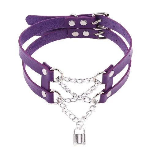 Double Belt Punk Choker with Cross Chain Lock Pendant Gothic Collar - Picture 9 of 37