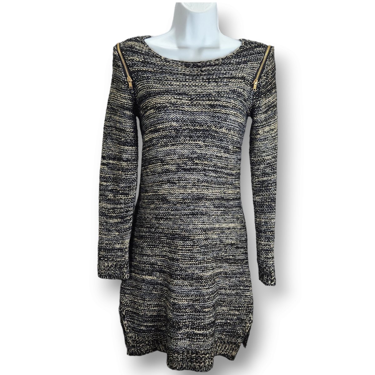 black and gold sweater dress Hope & Henry Girls' Organic Long Sleeve Ruffle Collar Sweater Dress, Black with Gold, 4