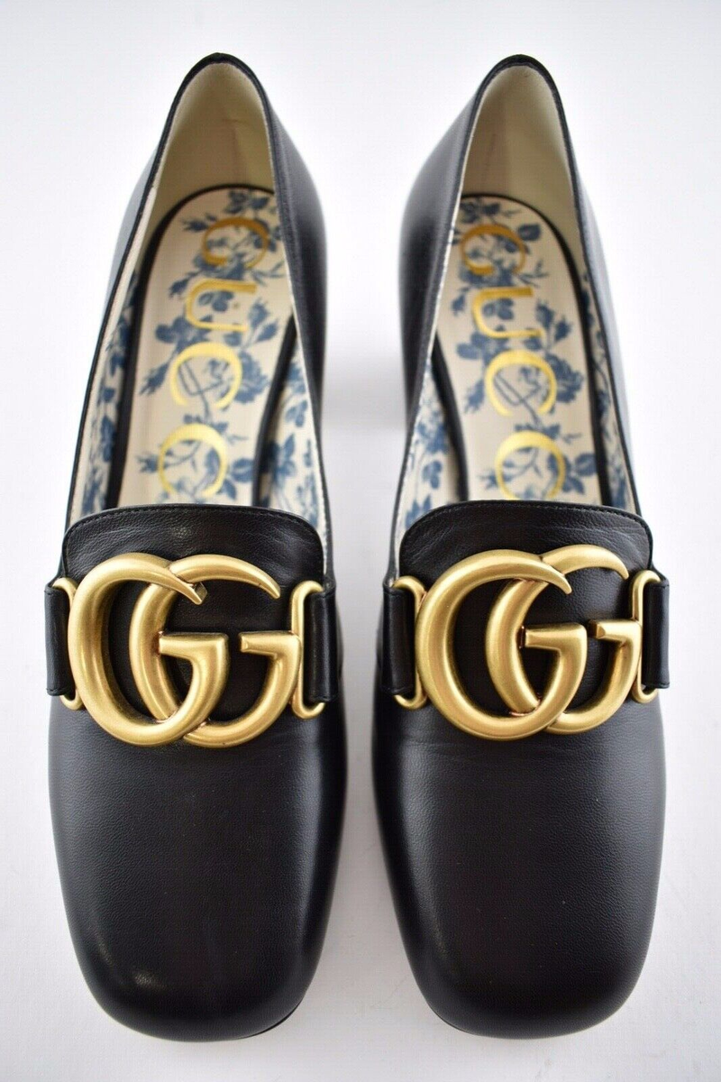 Gucci Victoire 55 Black Leather Double Logo Block Mid Heel Mule