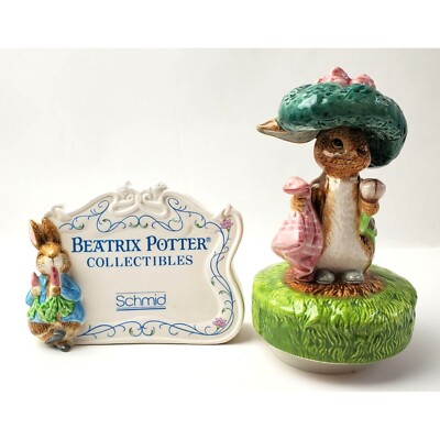 Beatrix Potter Collectibles Lot of 2 Vintage Schmid Musical Rabbit & Schmid Sign