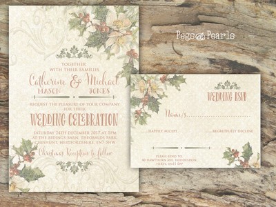 Personalised Rustic Holly Christmas Wedding Invitations Packs Of 10 Ebay