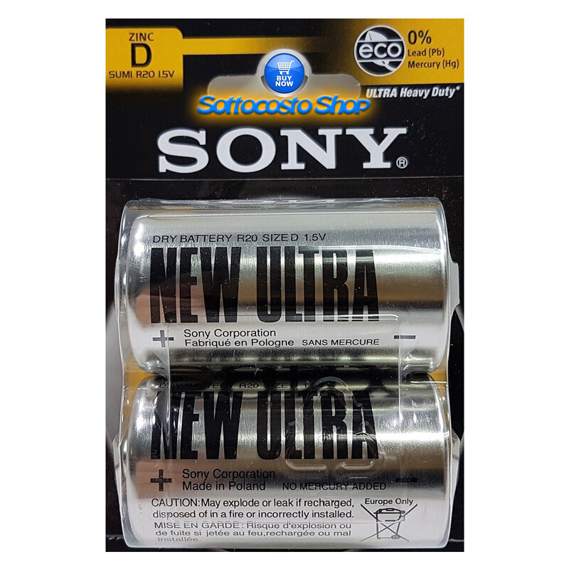 CONFEZIONE DUE BATTERIE SONY FORMATO LR20 SIZE D PILE ZINCO 1.5V