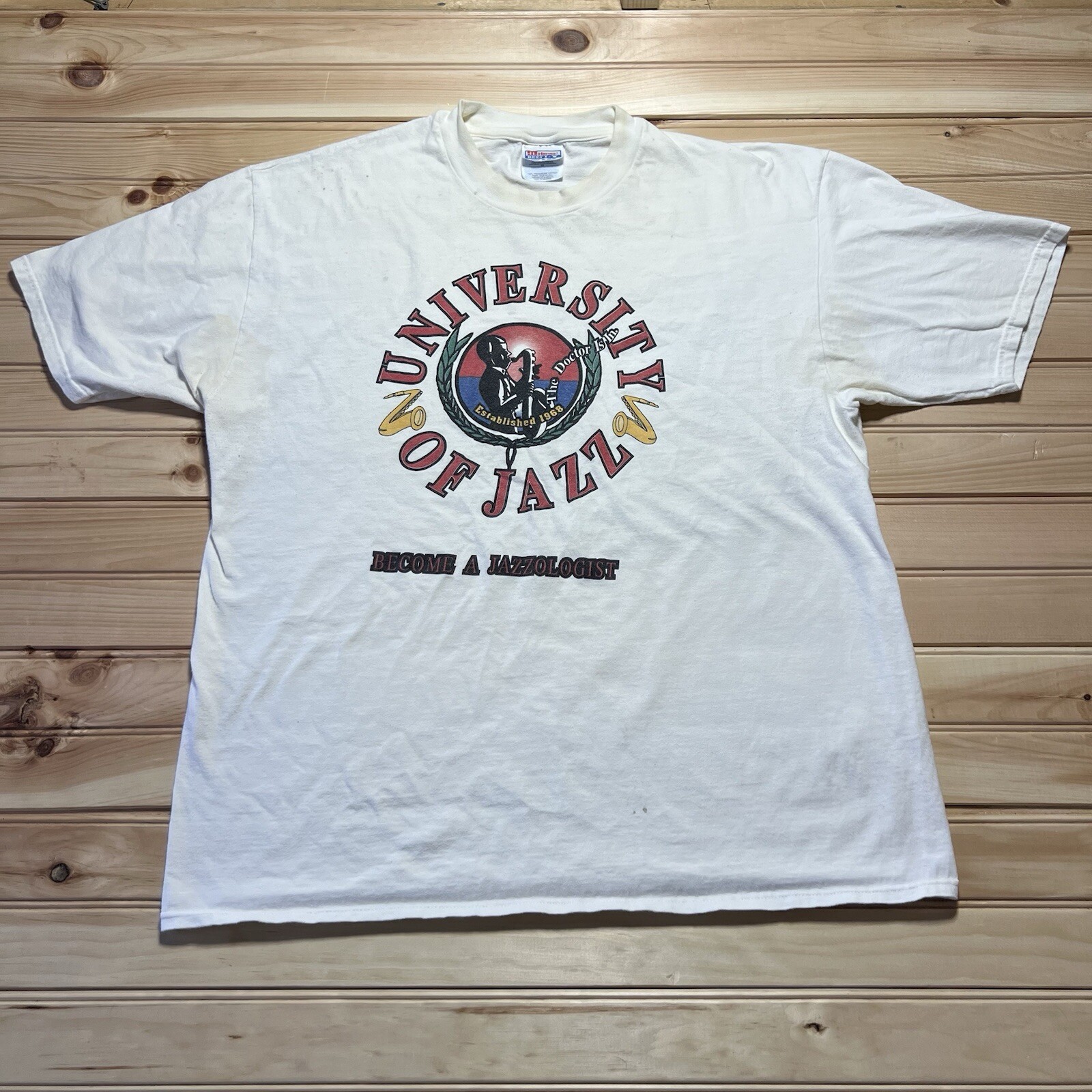 Vintage 90s University Of Jazz The Doctor Is In Art Sax Music Shirt Size XL