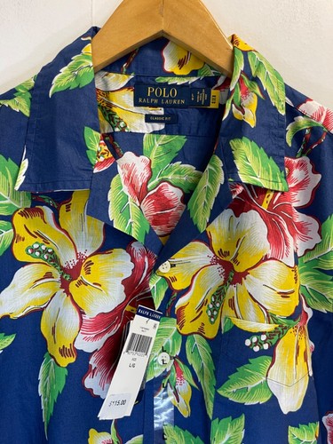 Polo Ralph Lauren Men's Size L Floral Print Camp Shirt Hawaiian Navy Cotton - Picture 5 of 6
