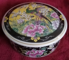 Chinese Vintage Blossom Peonies Pheasant Colourful Collectible Trinket Pot & Lid