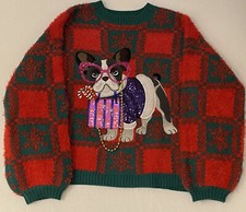 Ugly Christmas Sweater French Bulldog Dog Puppy Sequins Plaid Red Womens 2XL XXL