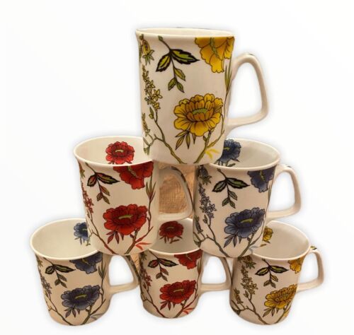 Set of 6 Fine Bone China Spring Flowers Mug Set Blue Red Yellow Floral Tea Mugs - Picture 1 of 6