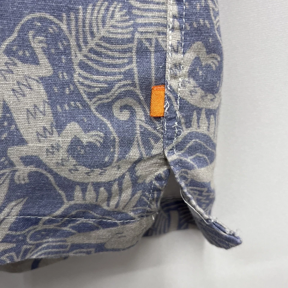 Far Afield Men's Sz 1 Hawaiian Shirt Blue/Taupe Linen Flamingo Iguana Floral euc - Image 4 of 4