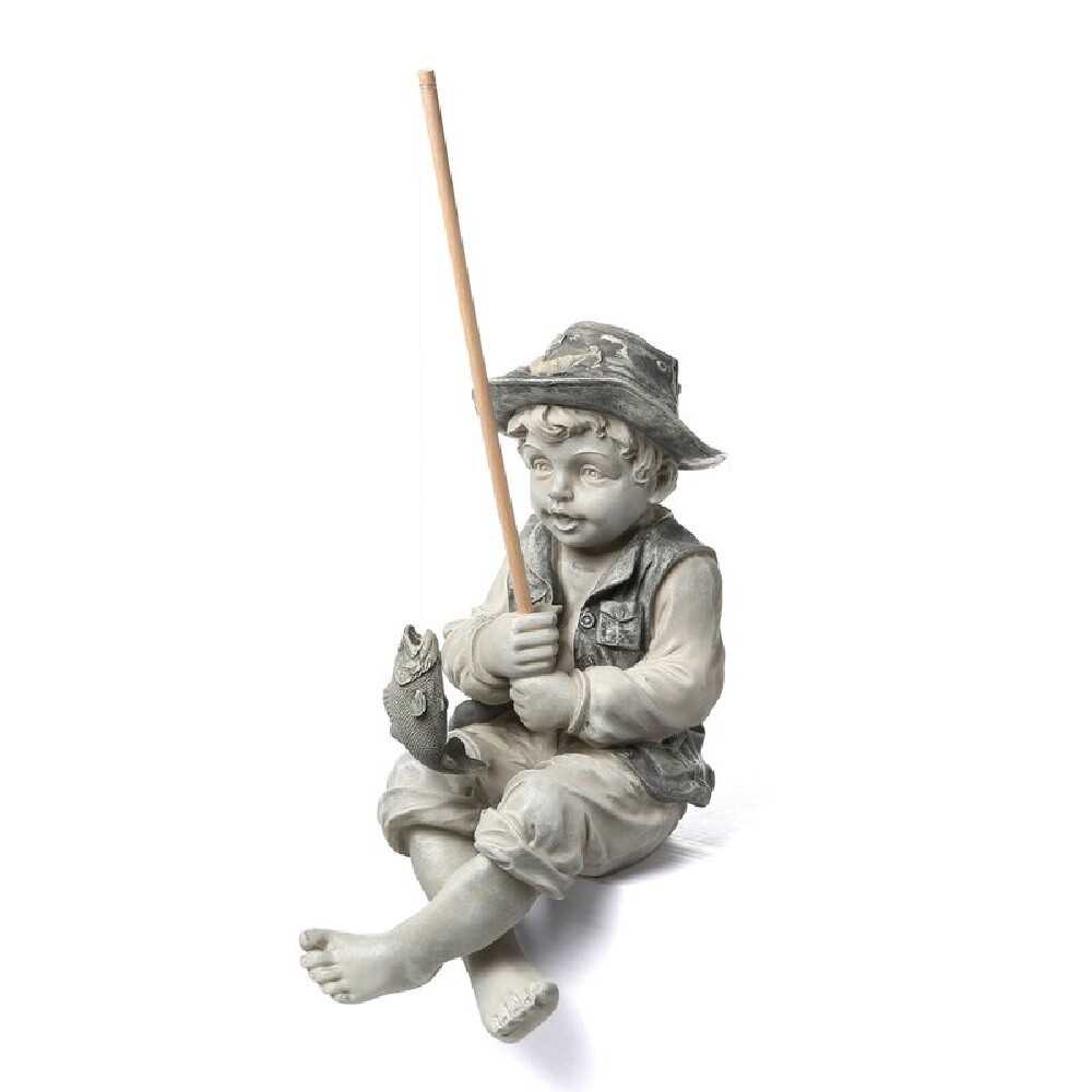 Boy Fishing Statue Resin Gray Little Fisherman Figurine Pond Garden