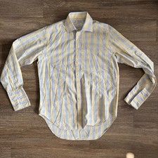 T.M. Lewin Mens Shirt 16/35 French Cuff Regular Fit Yellow Blue Plaid Button Up