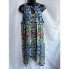 AB Studio Blue Boho Multicolor Dress Size L Shift Mini Bohemian Ethnic Paisley
