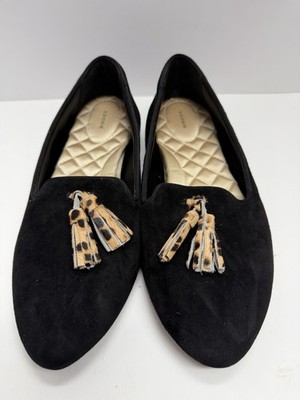 Birdies Women s Blackbird Flats Black Leopard Calf Hair Tassels Slip On Size 10