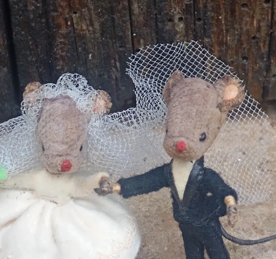 Rare Ancien Couple de Souris en Feutrine Marié   Mariage 1960 Steiff Mouse Jouet - Photo 2/4
