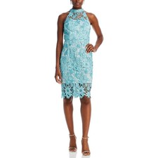 Eliza J Women's Cocktail Dress Size 10 Teal Blue Floral Lace Cut Out Midi Sheath