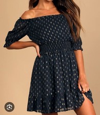 Lulu’s Touch of Glam Navy Blue Dotted Off-the-Shoulder Mini Dress size Large