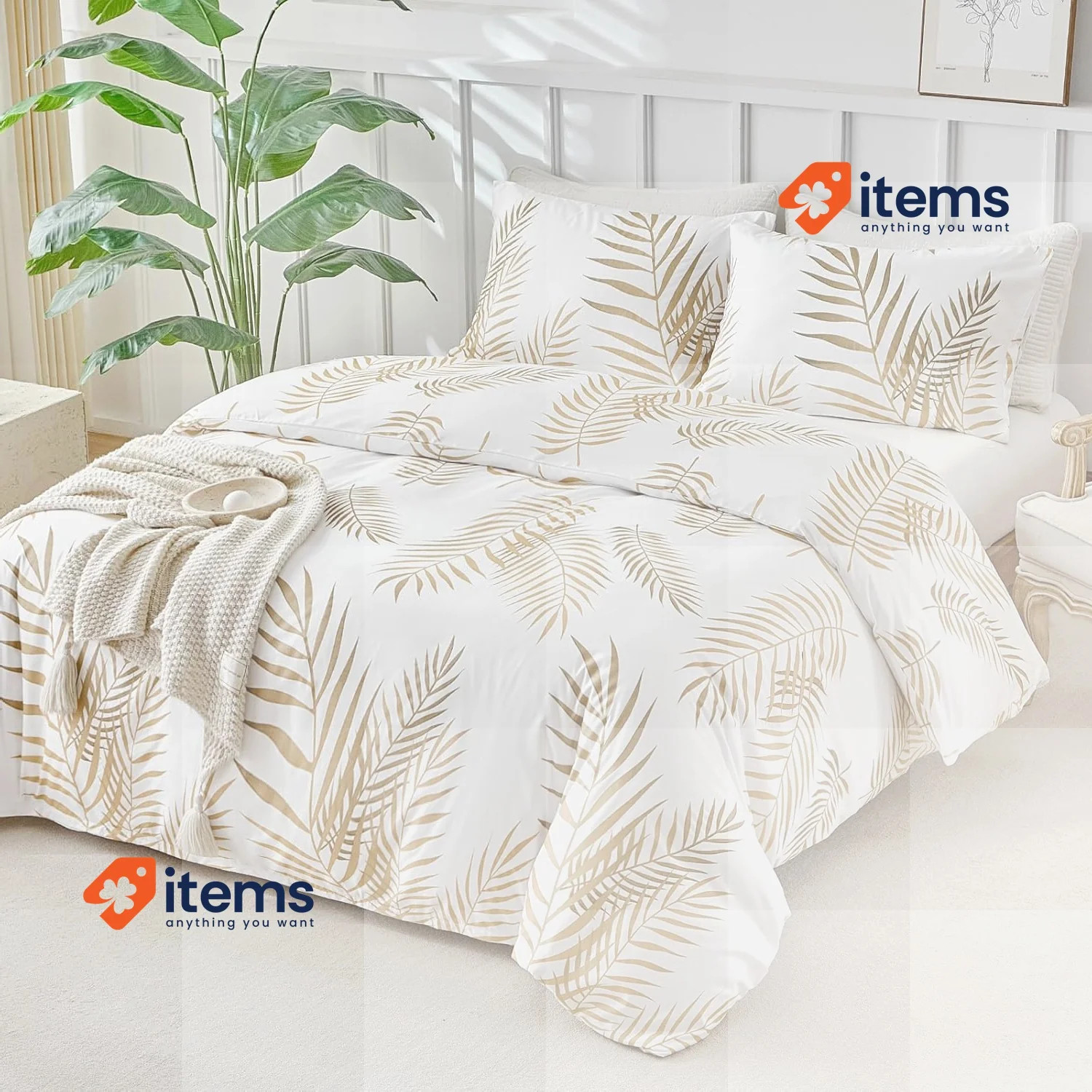 Tokokimo Set Funda Edredón Matrimonio Dorado Hojas Estampado 2x Fundas Almohada