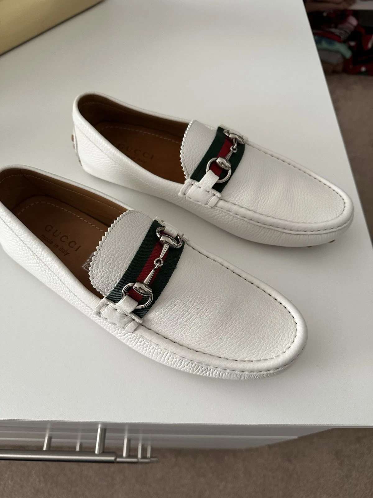 CHAUSSURES GUCCI MOCASSINS HOMME CONDUCTEUR HORSEBIT WEB CUIR BLANC taille 8,5 G