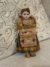 7.5 Antique German Bisque Head Doll Original Costume Fur Cap c1900