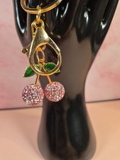 Baby Pink Cherry Keychain Gold Tone Rhinestone Bag Charm Cute Accessory