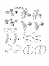 Set 4: 20pcs 1.2mm Stainless Steel Stud Earrings Hearts Roses Feathers Stars