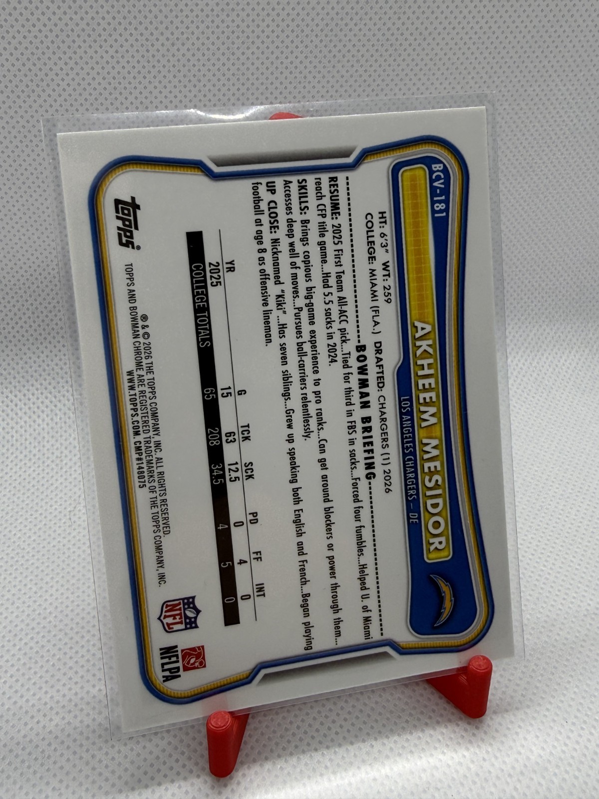 2026 Bowman Chrome Akheem Mesidor Pink Numbered 80/299 view 2