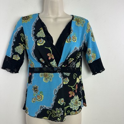 Vintage Y2K Gabby D Babydoll Top Small Blue Black Floral Lace Fairy Whimsigoth
