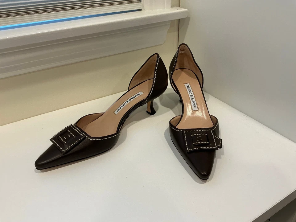 NUEVO Zapatos de salón Manolo Blahnik punta marrón cuero/bolsa antipolvo incluida Foto 2 de 4