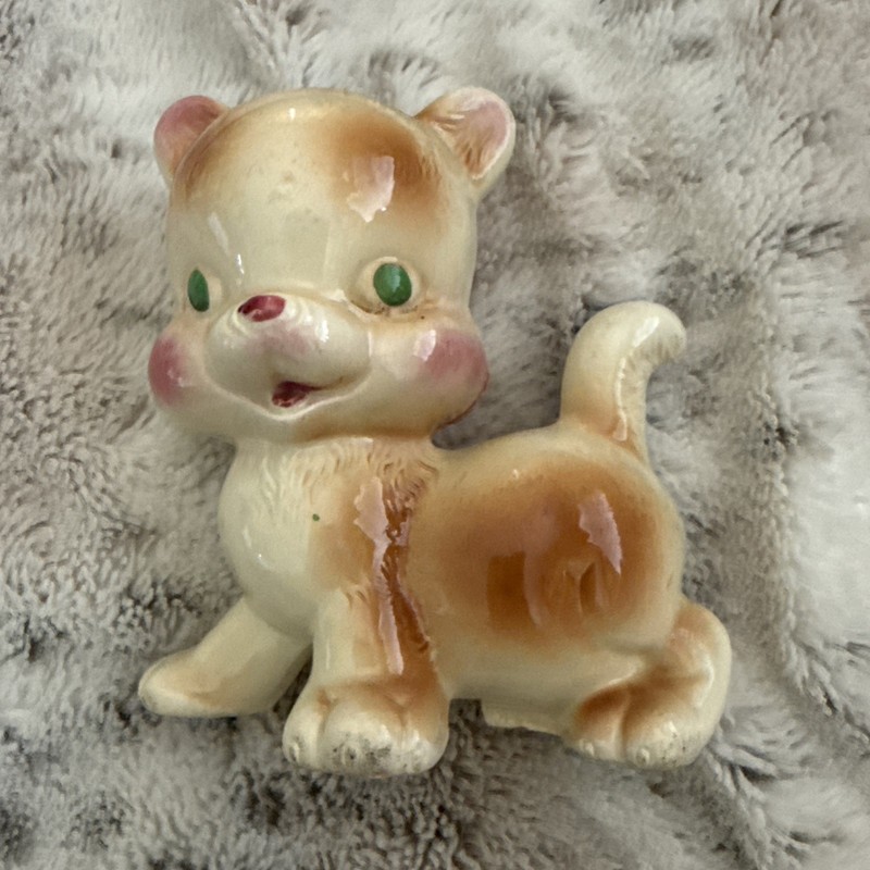 Vintage Puppy Dog Figurine with Green Eyes Ceramic White Tan Puppy 