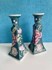 Pair of vintage hand-painted Chinese porcelain candlestick holders 8” tall 