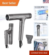 Hair Dryer, 1600W High-Speed Foldable Travel Blow Dryer, 110,000 RPM Brushles...