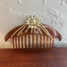 Large Vintage Faux Tortoise Shell Pearls Gold Beads Hair Comb Plastic Taiwan ROC