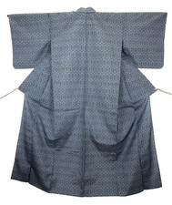 Authentic Vintage Japanese Tsumugi Silk Kimono Hitoe Kikko Robe XS Blue Black