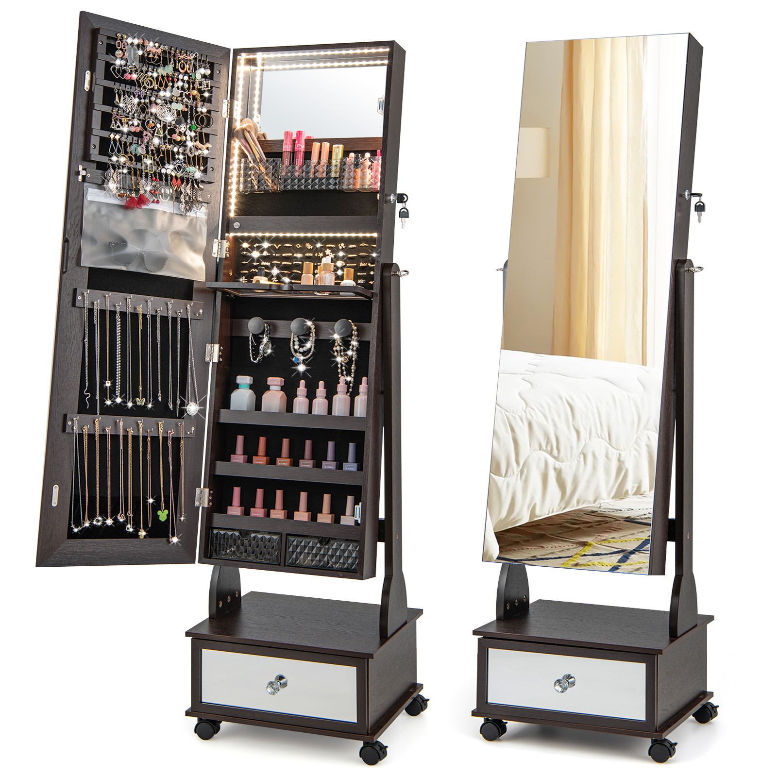 Standing Jewelry Armoire w/Vanity Mirror Lockable Organizer 