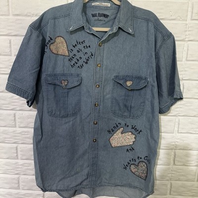 Vintage Basic Equipment Denim Button Down Shirt Women s Large Embroidered Granny