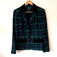 Vintage Liz Claiborne Green Plaid Blazer 100 Wool Velvet Accents Button Up 90s