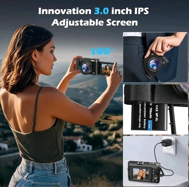 Cámara digital 4K 48MP zoom 16X pantalla abatible cámara de vlogging + tarjeta de 32 GB Foto 4 de 4
