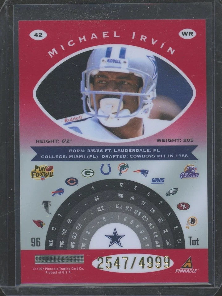 1997 Pinnacle Totally Certified Michael Irvin #42 Platinum Red /4999 - Image 2 of 2