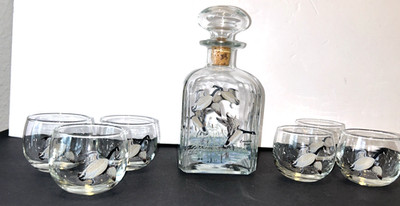 Vintage Richard Bishop? Canadian Geese Decanter w/ 6 Roly Poly Glasses Italy
