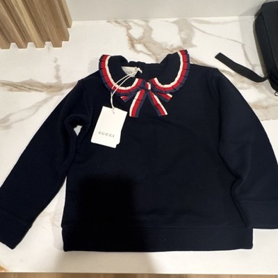 Gucci Navy Boys Pullover Sweatshirt Peter Pan Collar Bow Long Sleeve Size 2
