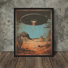 UFO WESTERN DESERT Wall Art, Retro Sci-fi Alien UAP Poster, Cryptid Cactus Decor
