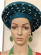 Auto Gele, AutoGele, ReadyMade Gele, African Headgear, Stoned Gele, Green Gele