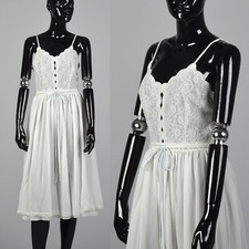 XXS 1950s Anne Fogarty VTG Nightgown White Nylon Blue Semi Sheer Lace Chiffon