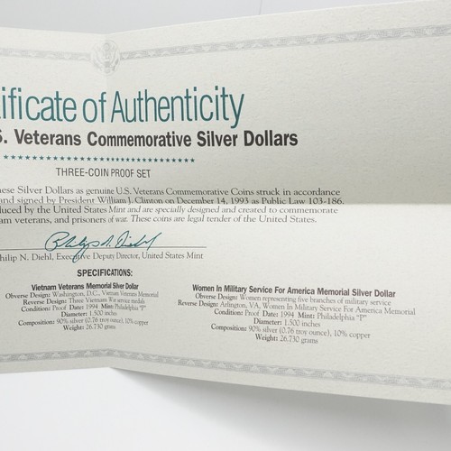 1994 P U.S Mint Veterans Commemorative Silver 3 Coins Proof Set OGP COA #25 - Picture 11 of 12