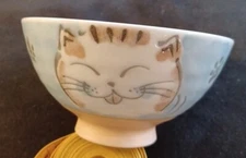 Minoru Ceramic Rice Bowl Fukuneko Cat Blue Made In Japan 4.5" W x 2.75" H
