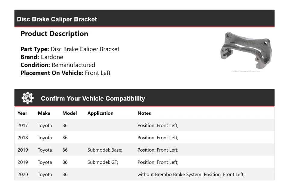 Soporte de pinza de freno de disco delantero izquierdo cardone 2018 2019 para Toyota 86 2017-2020 Foto 2 de 4