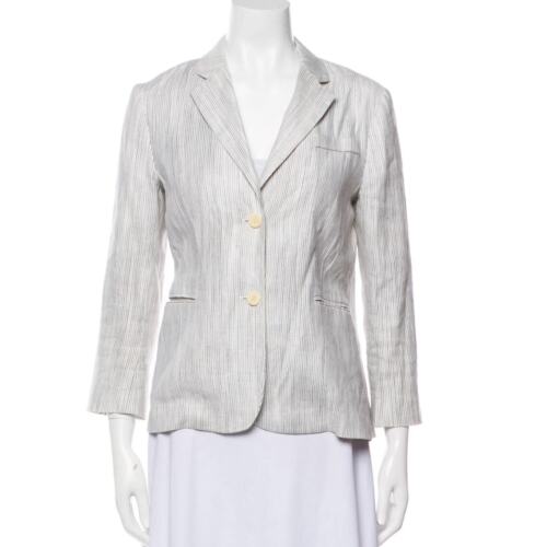Theory Linen Blend Striped Blazer Size 4 Ivory Beige Navy Twill Minimalist Luxe - Picture 17 of 17