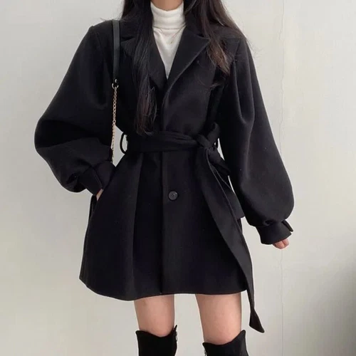 Women's Woolen Coat Autumn Winter Mid Length Lapel Belt Jacket Elegant Outwear - Picture 13 of 16
