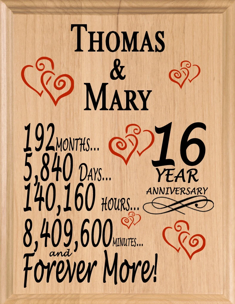 Personalized 16 Year Anniversary Gift MAPLE WOOD 16th Year for Her